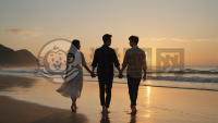 黄昏沙滩漫步的年轻情侣照