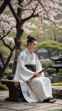 《白衣琴音，樱花背景下的中国青年》