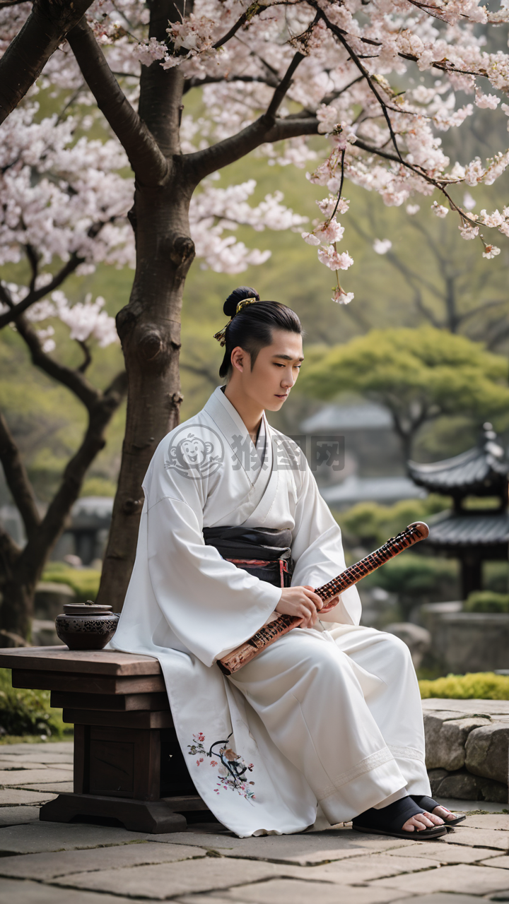 《白衣琴音，樱花背景下的中国青年》