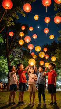 《公园月夜，儿童欢聚》