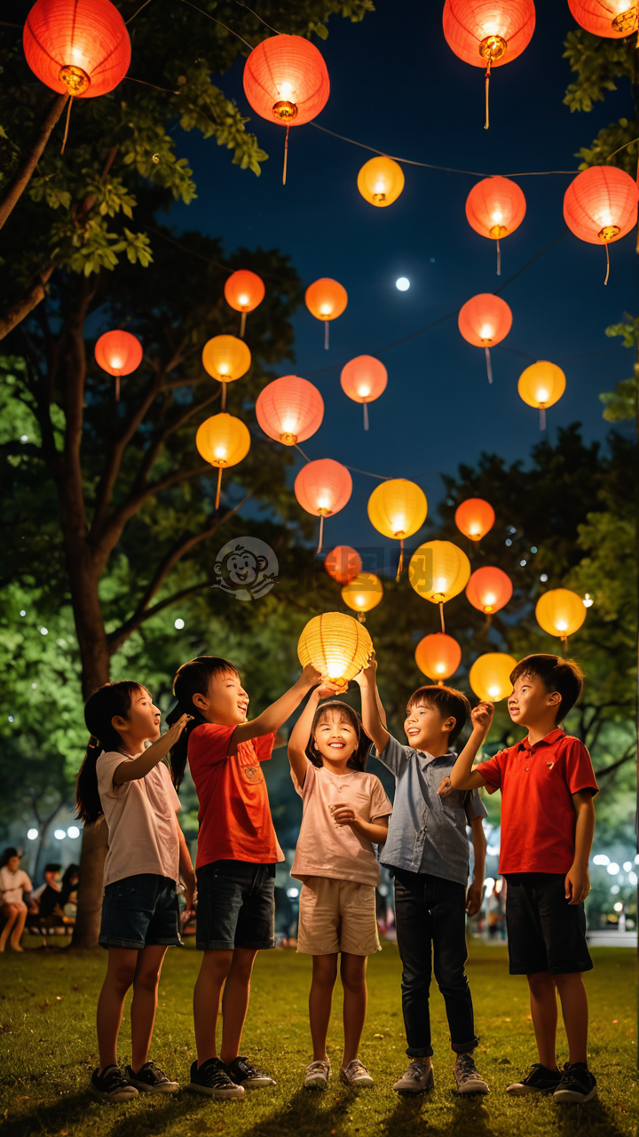 《公园月夜，儿童欢聚》