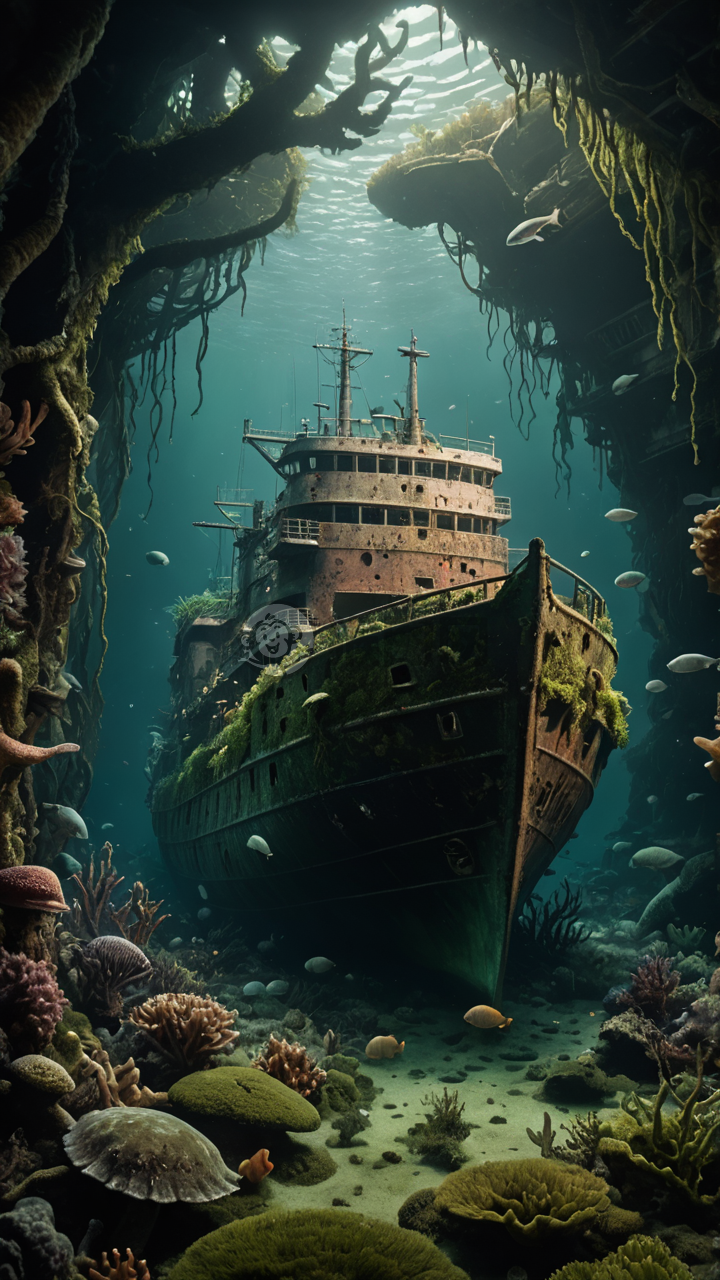 海底沉船奇观：深海生物与暗绿藻共舞