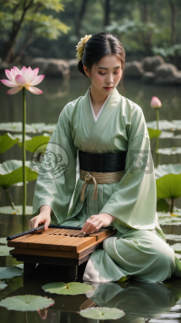 莲池琴音袅袅，绿衣古风美人