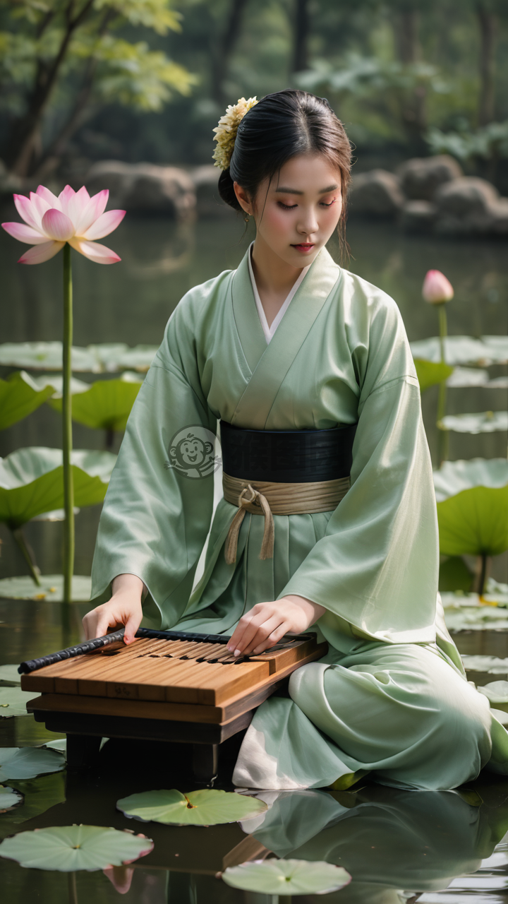 莲池琴音袅袅，绿衣古风美人