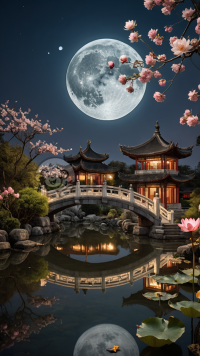月下园中石桥莲，古园细景真如画。