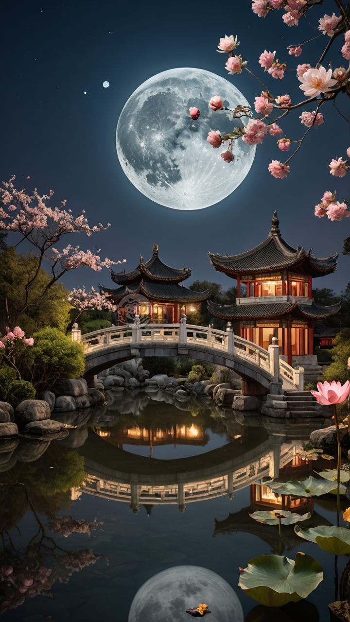 月下园中石桥莲，古园细景真如画。