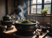 《中医草药煎煮，氤氲雾气与柔和光线》