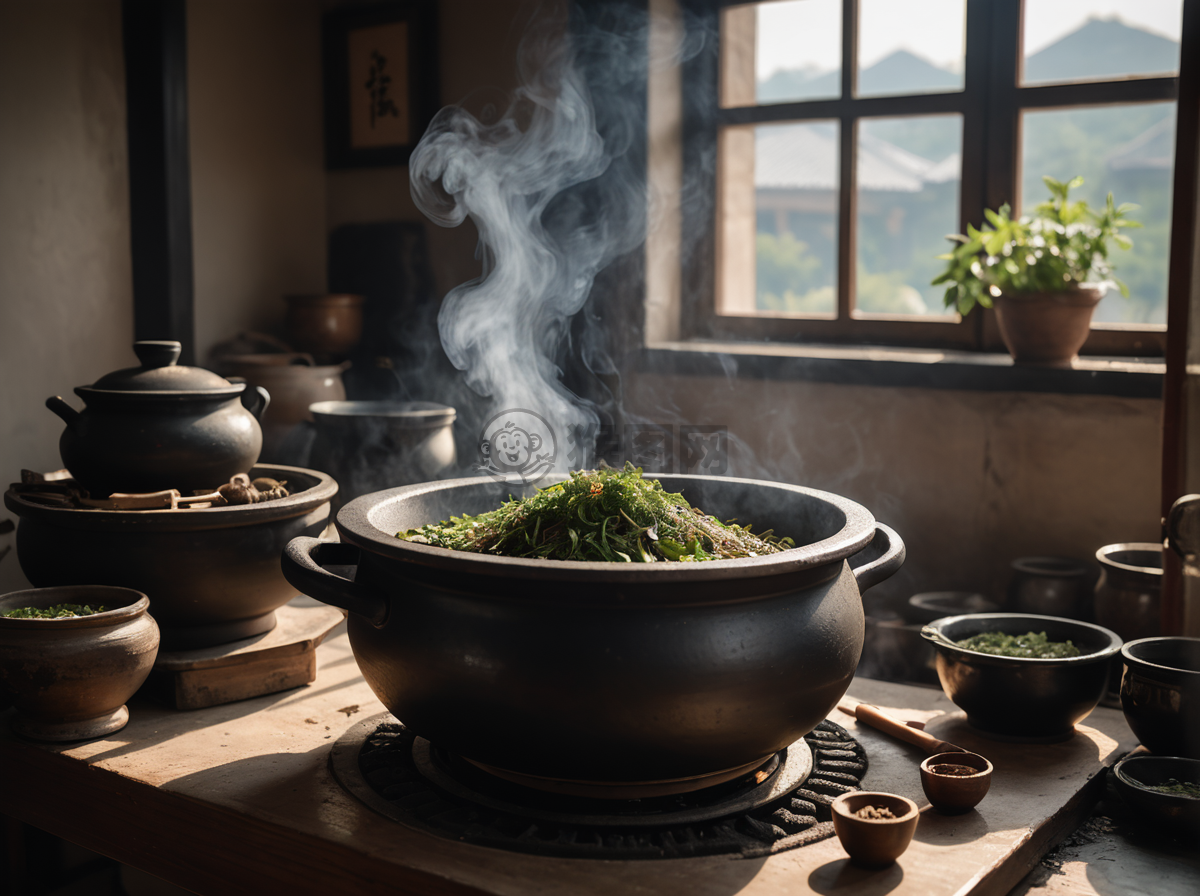 《中医草药煎煮，氤氲雾气与柔和光线》