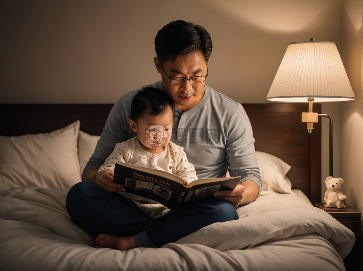 《中国父亲在床上为蹒跚学步的孩子讲故事》