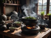 传统中医煎药图：草药混合物在黑陶锅中熬制，蒸汽袅袅升起。