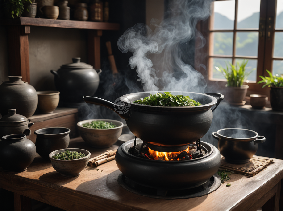 传统中医煎药图：草药混合物在黑陶锅中熬制，蒸汽袅袅升起。