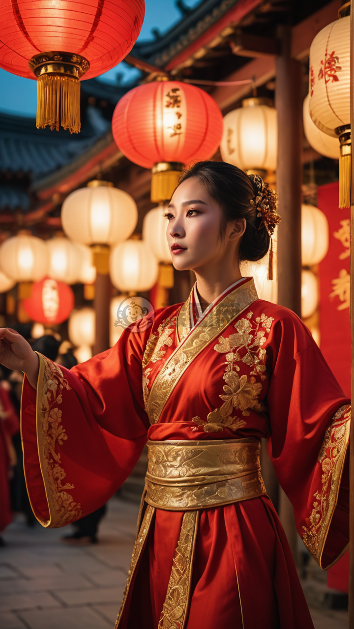 中国红汉服舞者美照 灯光映照精致细节