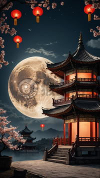月夜传统亭中，明月如画一般，彩灯映照云霄。