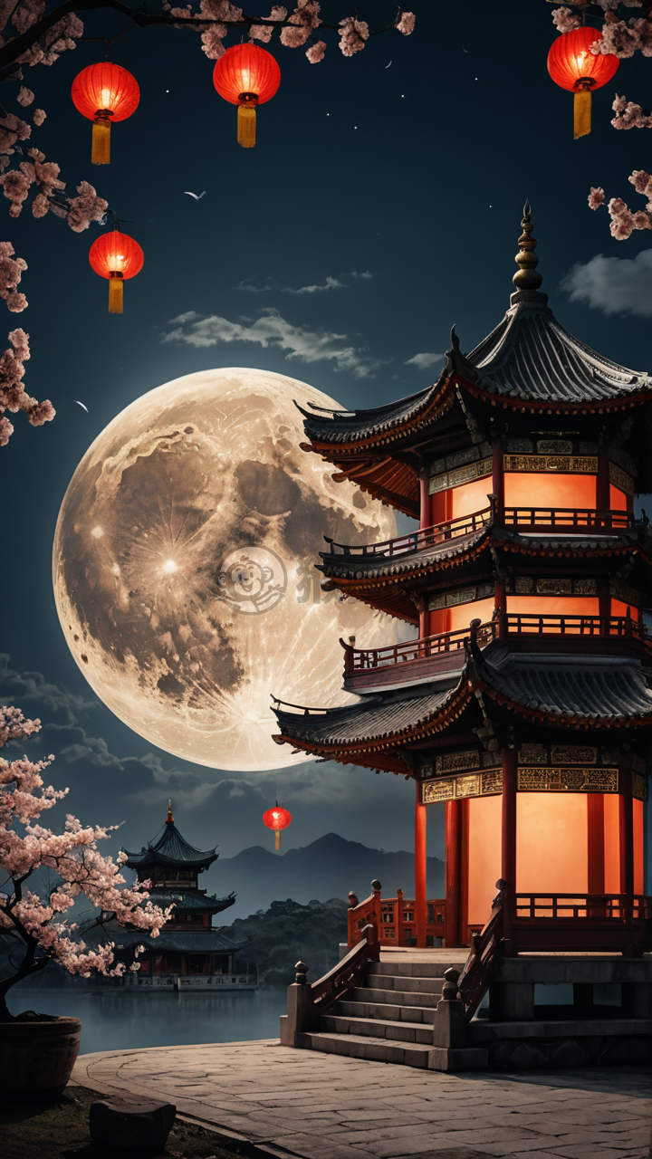 月夜传统亭中，明月如画一般，彩灯映照云霄。