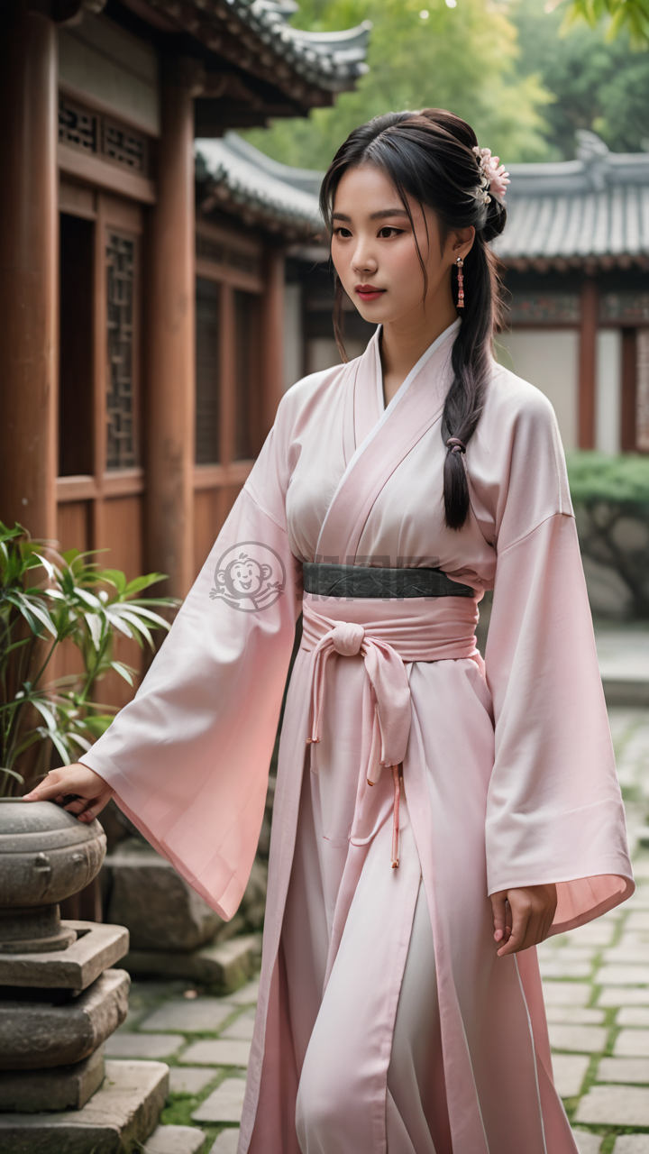 《淡粉汉服女子在古庭院》