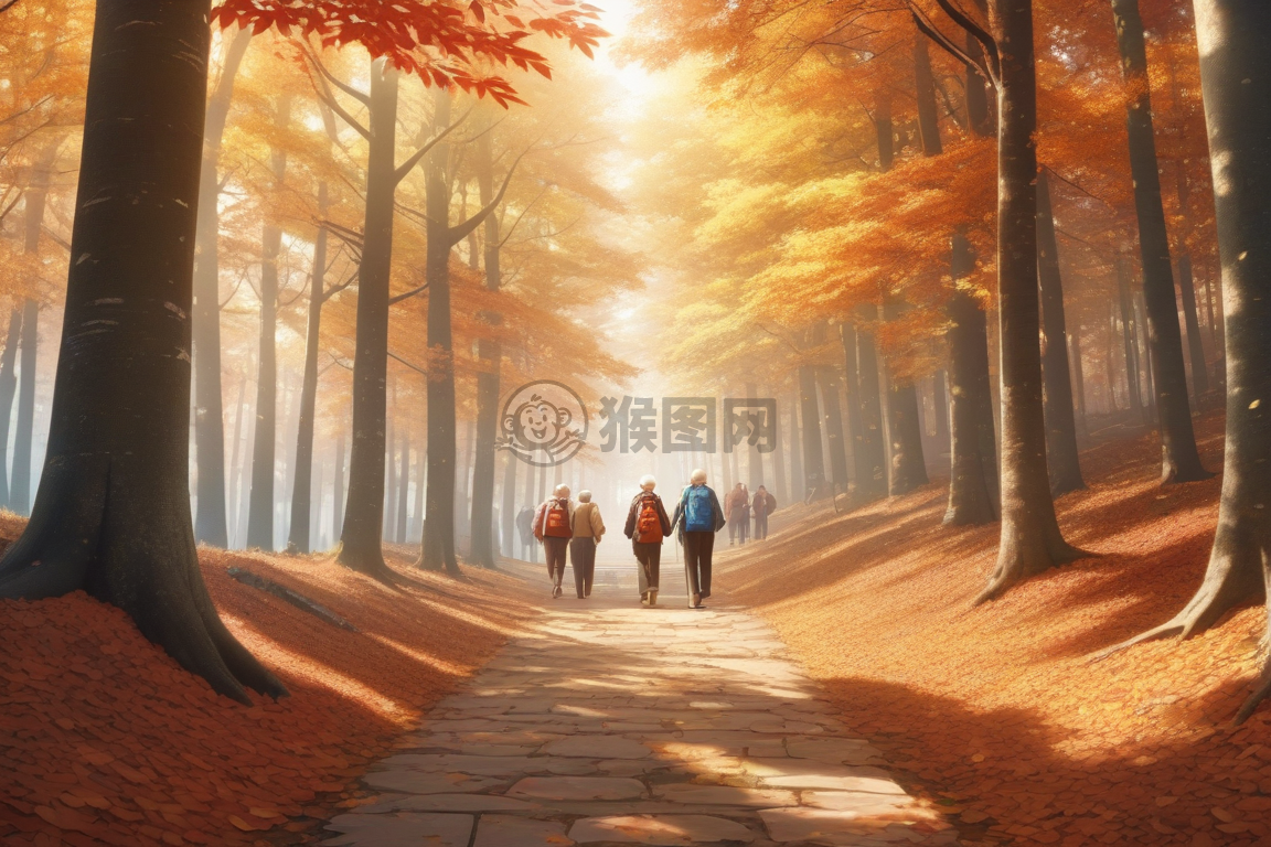 《重阳节老人们共登林间路》