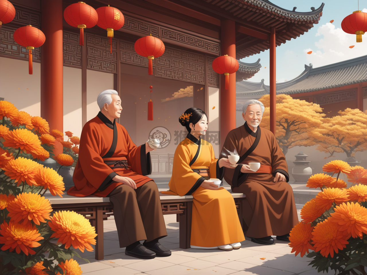 《秋节赏菊老翁茶》