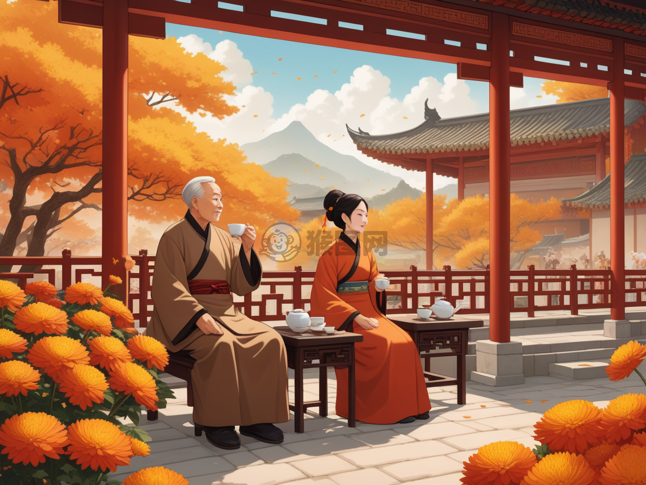 秋暮重阳品茗图