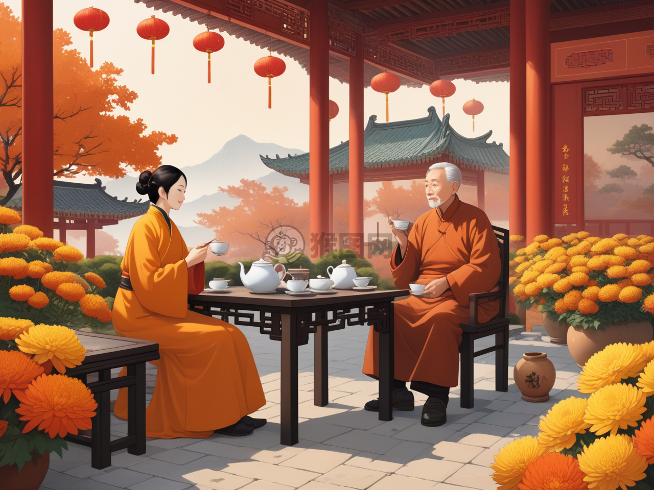 秋日重阳节庭园品茗图