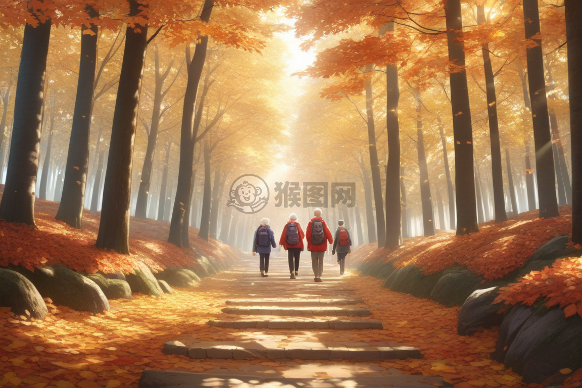 重阳登高赏秋景，森林小径步步行。