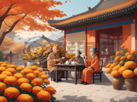 秋日重阳节庭园品茗图