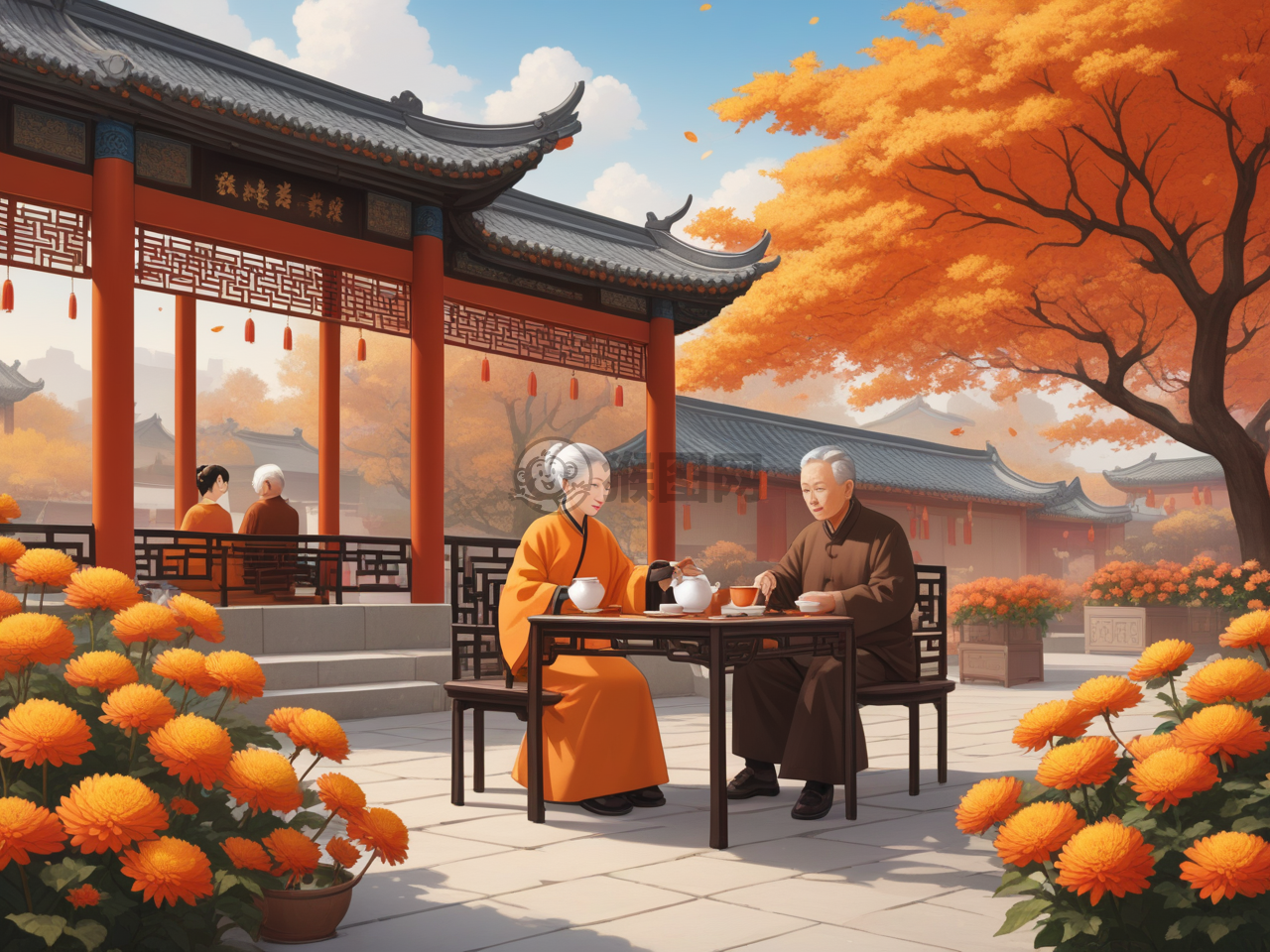 《秋节赏菊老翁茶》