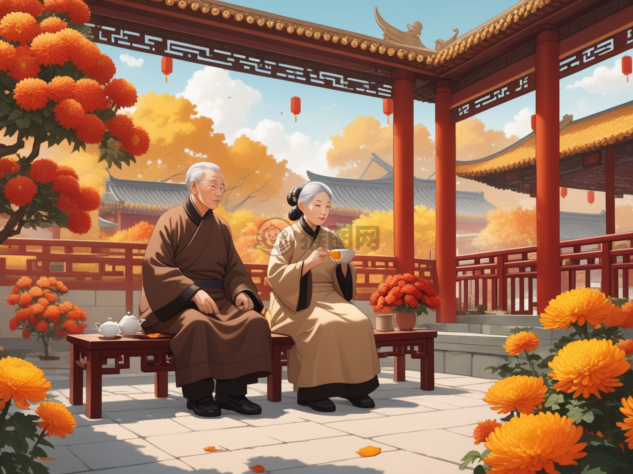 秋日重阳赏菊场景