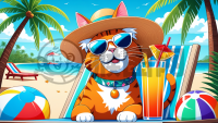 阳光沙滩度假：戴墨镜的卡通猫悠闲享受夏日时光