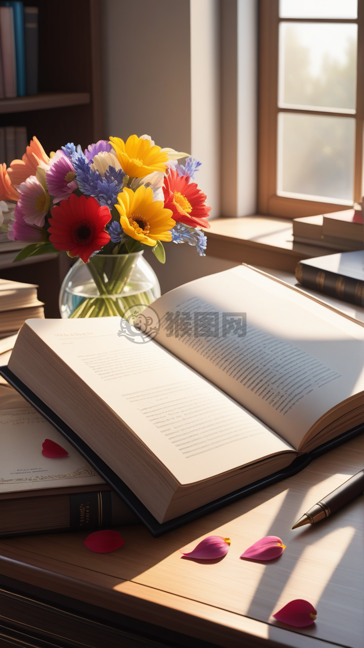 《教师桌前晨光里的鲜花与书籍》