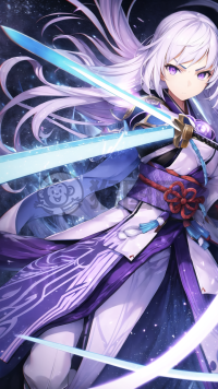 日本女武士：白发紫眸持剑战壁纸