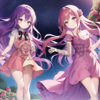 星空下的粉色少女与紫发男孩的爱意传递