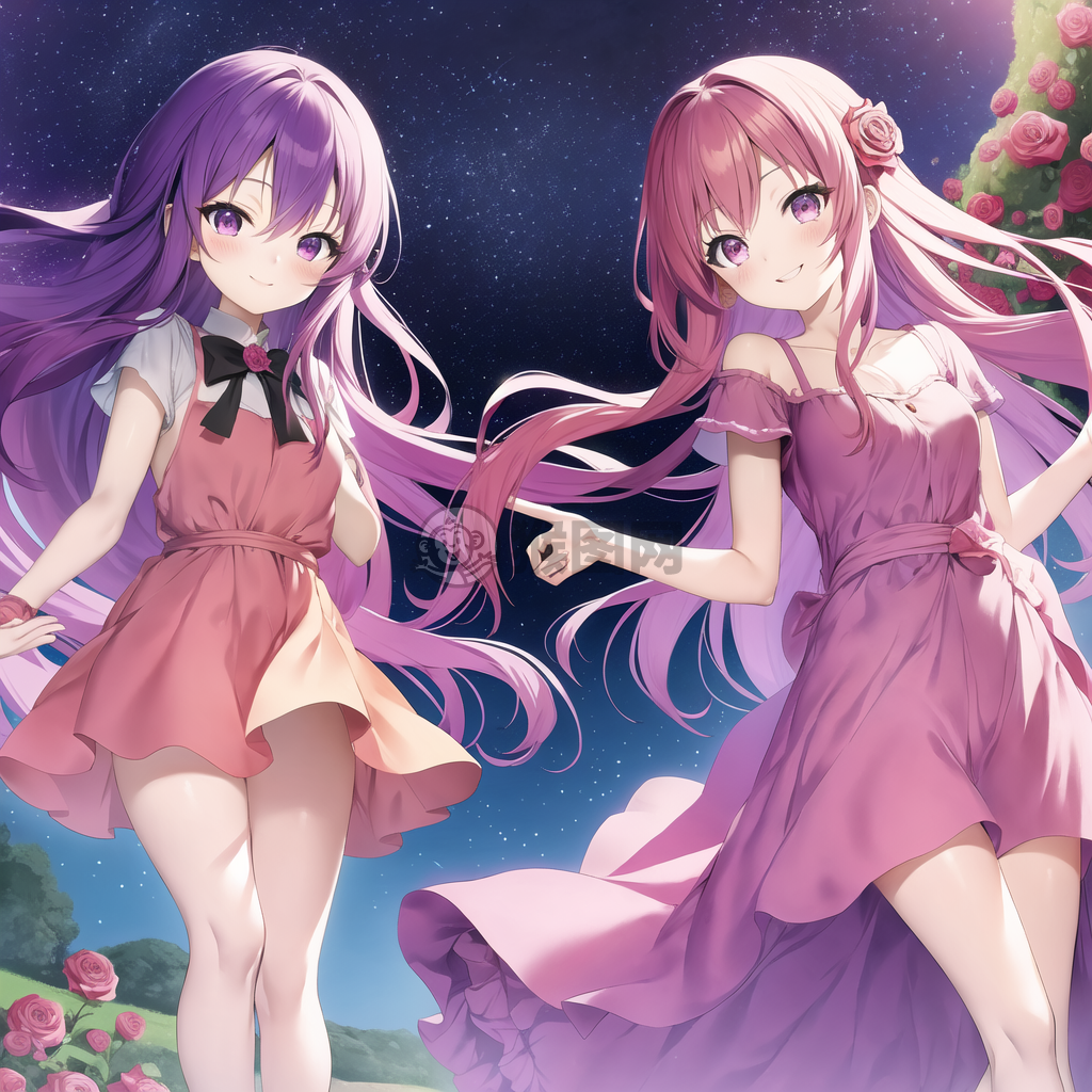 星空下的粉色少女与紫发男孩的爱意传递