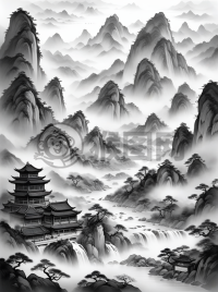 中国传统山水画《雾山云径》