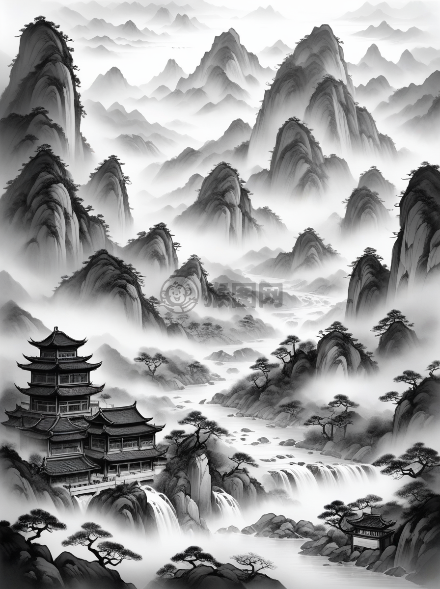 中国传统山水画《雾山云径》