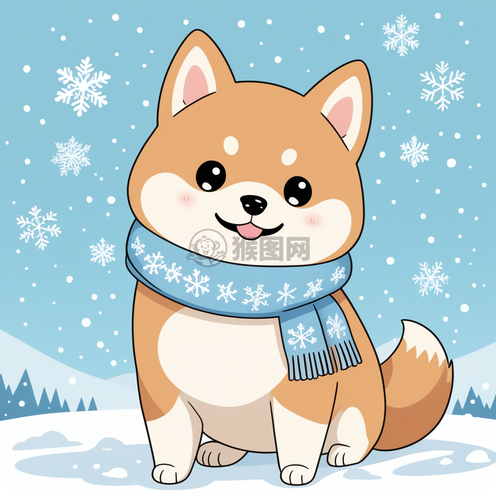 雪中蓝围脖柴犬雪橇犬可爱卡通形象