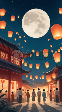 中国传统中秋之夜：月下灯火明亮的田野风情