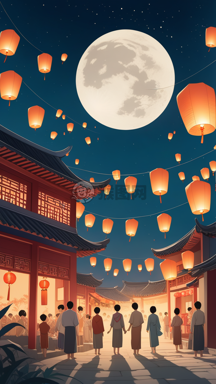 中国传统中秋之夜：月下灯火明亮的田野风情