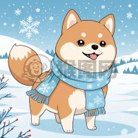 雪中蓝围脖的柴犬小天使