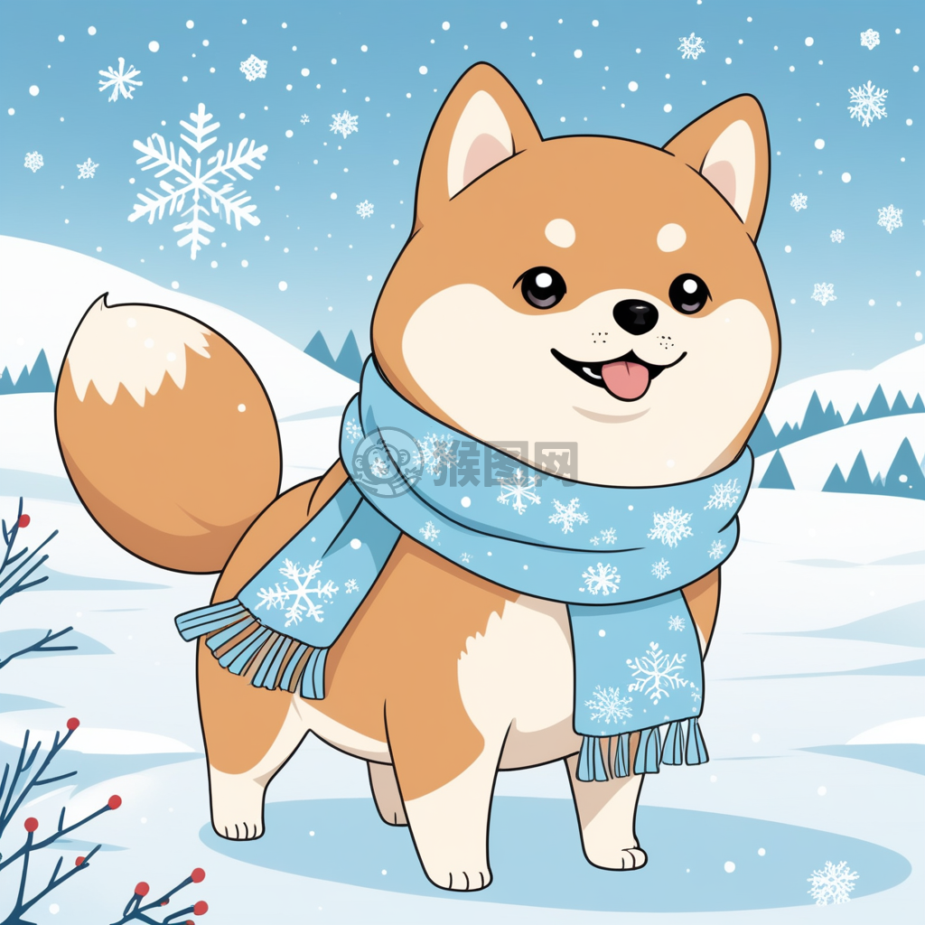 雪中蓝围脖的柴犬小天使