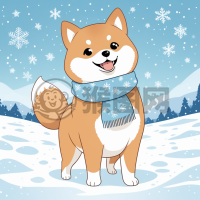 雪中蓝围脖的柴犬小雪人