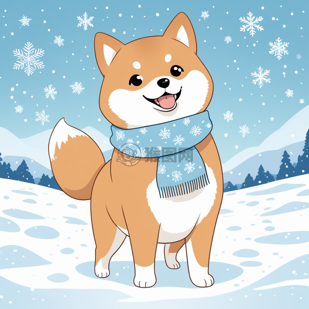 雪中蓝围脖的柴犬小雪人