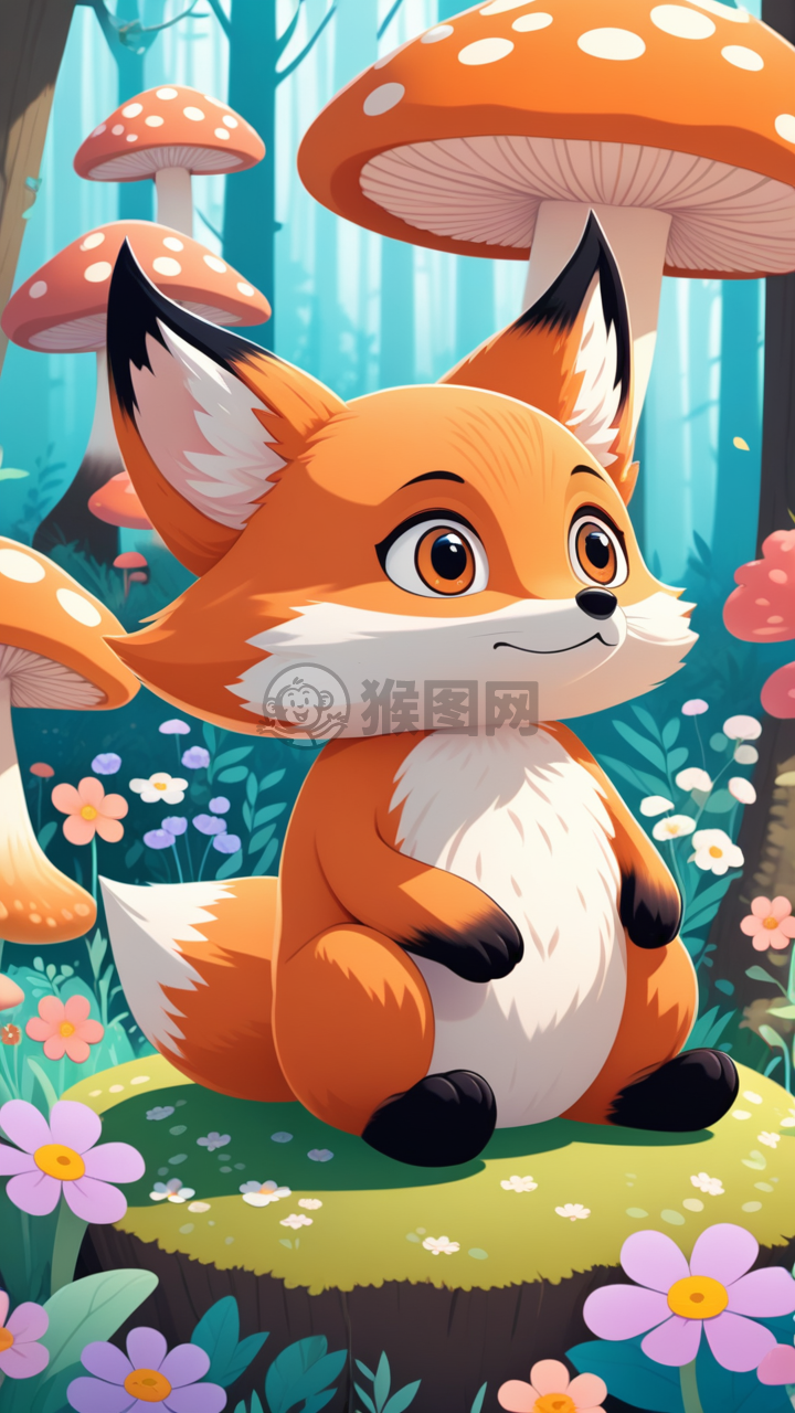 彩色森林中的可爱狐狸探险记