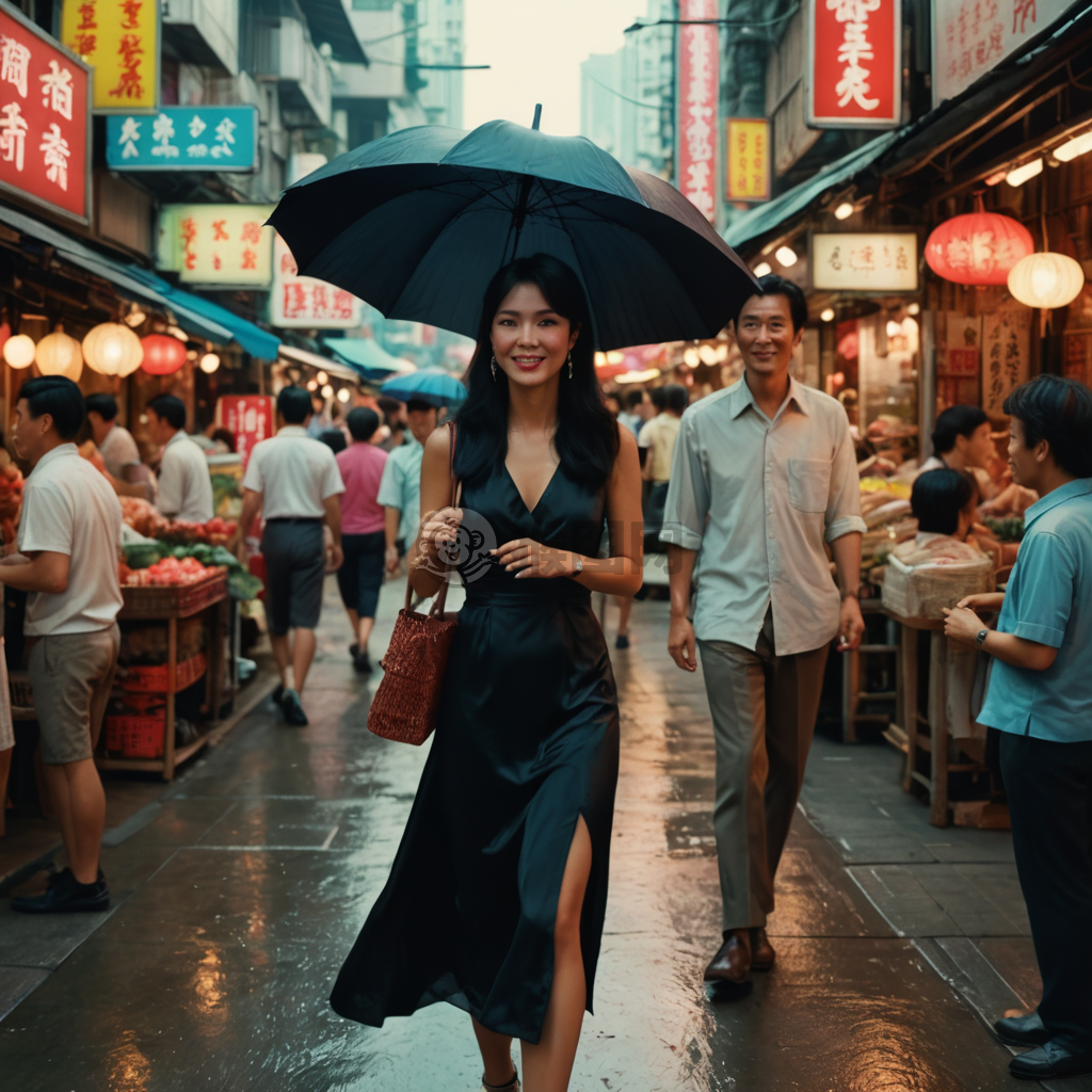 香港80年代复古风情：黑发女郎与市场漫步