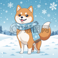 雪中蓝围脖的柴犬小雪人