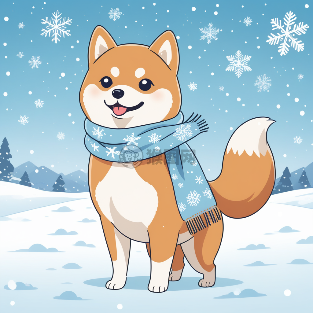 雪中蓝围脖的柴犬小雪人