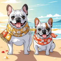 海滨花边法兰西斗牛犬欢乐嬉戏