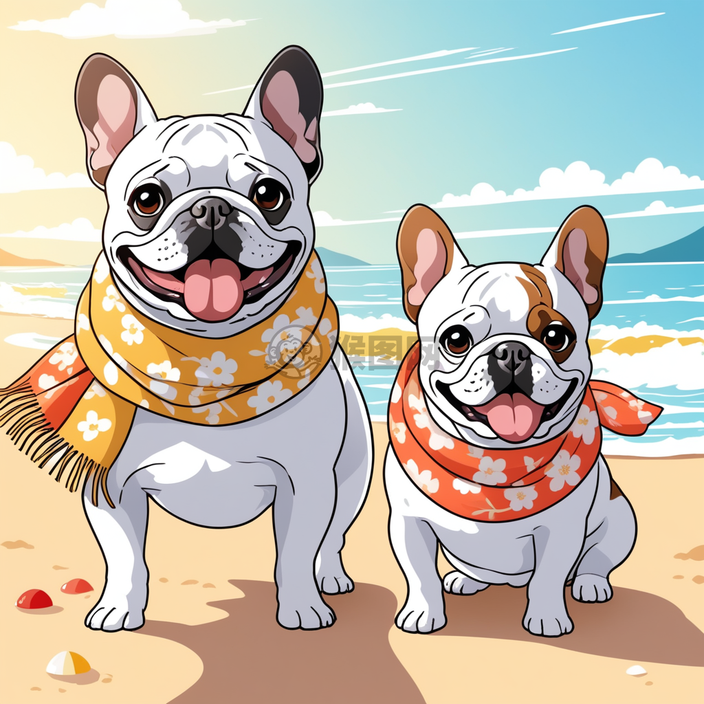 海滨花边法兰西斗牛犬欢乐嬉戏
