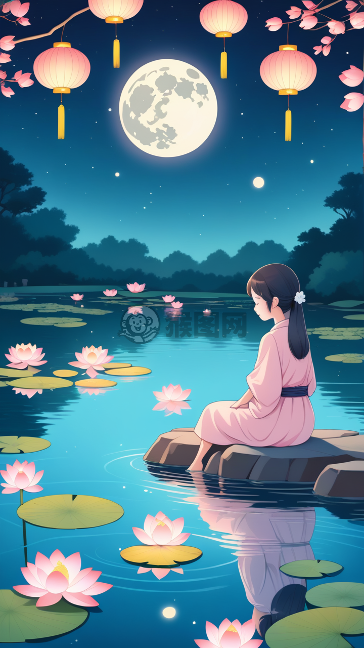 “中秋少女赏月图”