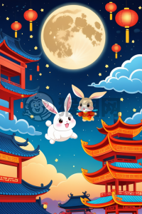 中秋夜月兔伴童云游，传统纹饰色彩鲜