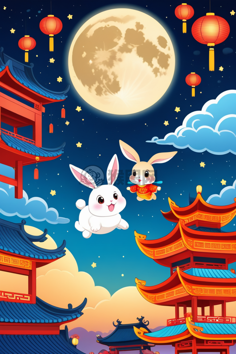 中秋夜月兔伴童云游，传统纹饰色彩鲜